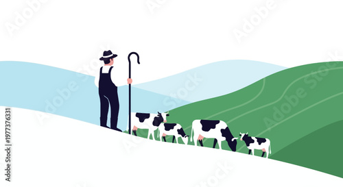 Vector Illustration of a Farmer with Cows Grazing on a Hillside
