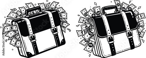 Briefcase overflowing with cash symbolizing wealth profit financial success briefcase illustration business currency investment financial transaction