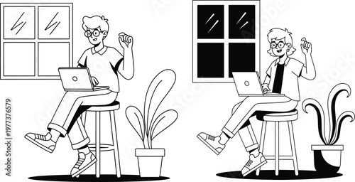 Person working on laptop at home with line art flat design computer illustration character lifestyle business technology freelance creative