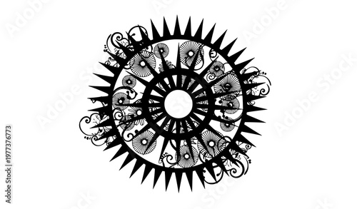 A black and white circular mandala design with intricate patterns and spikes