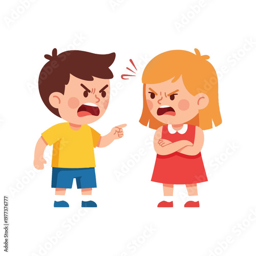 Angry kids fighting, pointing fingers, arguing, children conflict, disagreement, shouting, cartoon style