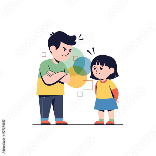 Angry siblings arguing, frustrated brother and sister conflict, family dispute illustration