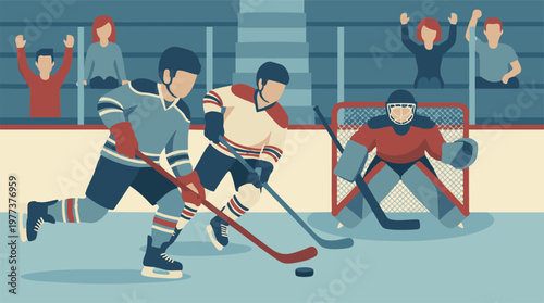 Photography Ice hockey game with players, goalie, puck, and spectators in arena