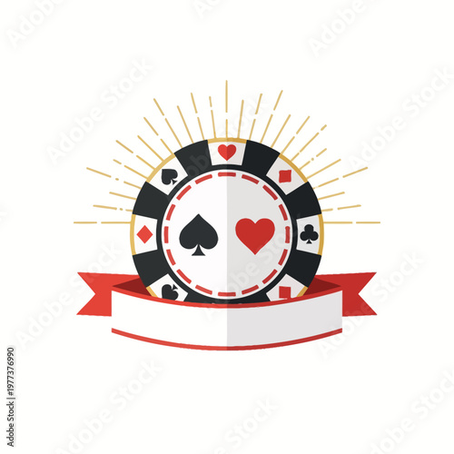 Casino Chip with Playing Card Symbols and Ribbon Banner - Gambling Concept