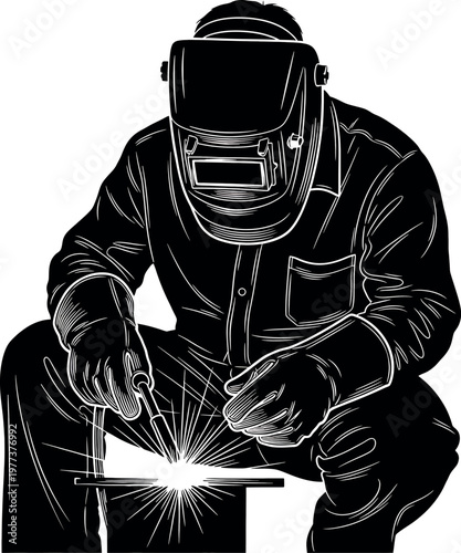 Welder at work a black and white sketch illustrating industrial craftsmanship and protective gear