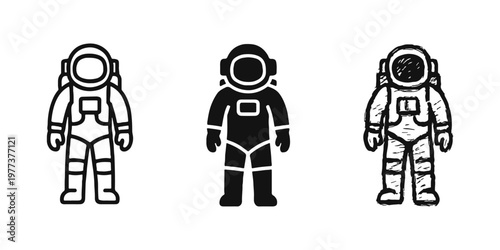 Astronaut icon set depicting a spaceman in space suit in outline, solid, and hand-drawn sketchy illustration styles