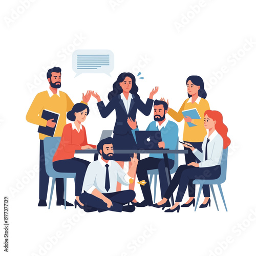 Business Meeting Chaos: Frustrated Woman Leads Disorganized Team Discussion