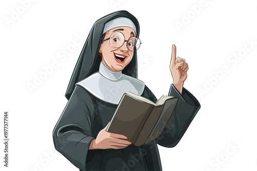 adorable cartoon nun with glasses happily holds an open book, pointing with enthusiasm. She appears engaged in teaching or sharing knowledge in a warm and friendly setting
