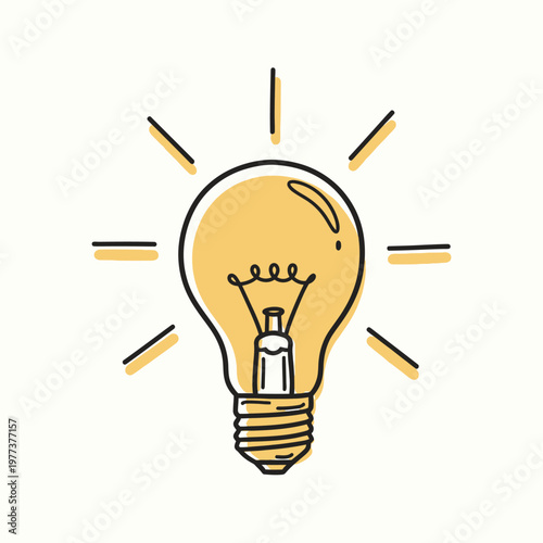 Doodle Light Bulb Icon Glowing, Symbol of Idea, Innovation, Creativity, and Solution
