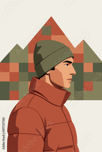 Flat vector illustration of a male character in winter gear with a geometric pixelated mountain range background