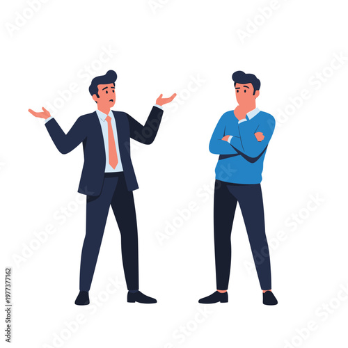 Businessmen having a discussion, disagreement, or brainstorming session, isolated on white