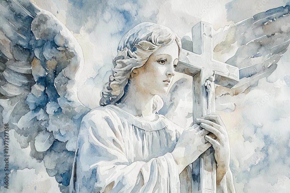 Fototapeta premium Watercolor illustration of angel statue gently holding cross, with soft clouds in background, creating serene and spiritual artwork perfect for religious materials, book covers or memorial projects