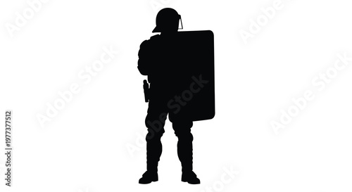Riot police officer standing guard with shield stark silhouette