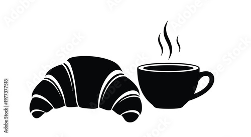 A black silhouette of coffee and a croissant for a simple breakfast
