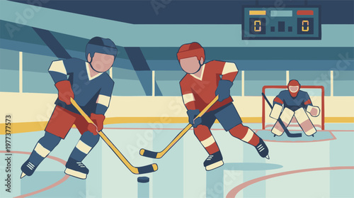 Photography Ice hockey players in action on the rink with a goalie and scoreboard