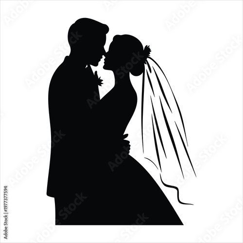 A romantic couple shares a tender kiss on their special day