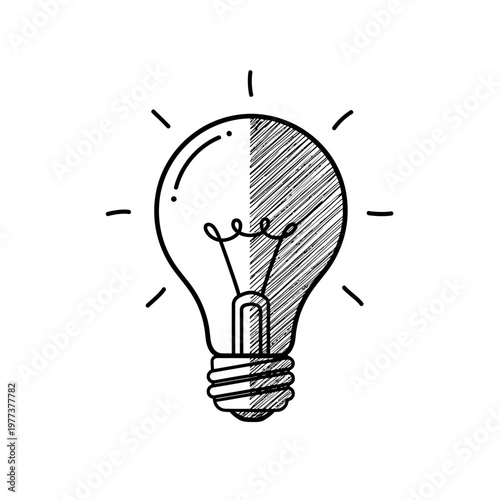 Hand-drawn light bulb symbolizing idea, innovation, and creativity with a sketched contrast