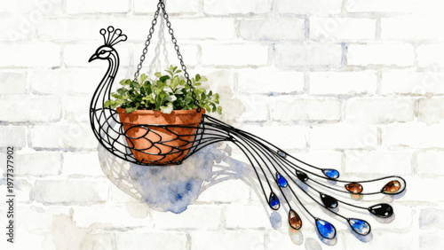 Pretty Planter Hanging Peacock Planter isolated watercolor vector illustration svg