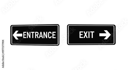 Black entrance and exit signs with arrows stark contrast silhouette