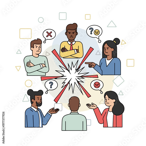 Diverse group of people arguing and in conflict, communication breakdown, disagreement, stress