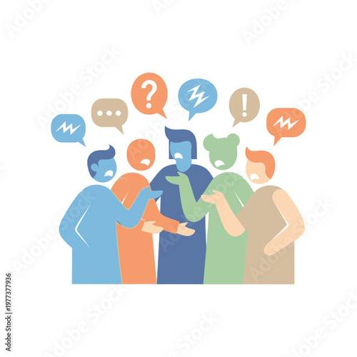 Diverse group of people in discussion, brainstorming ideas, communication, conflict, questions and answers