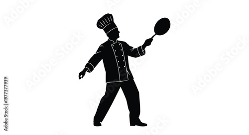 A chef tossing food with a pan a striking black silhouette