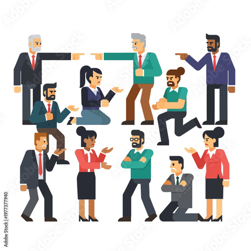 Diverse group of people arguing and pointing fingers, conflict and disagreement concept