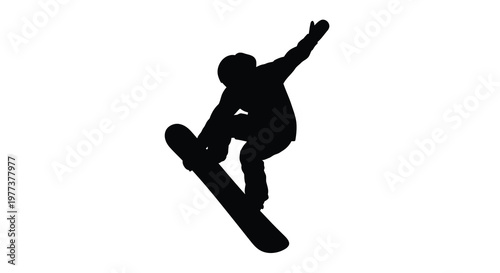 Snowboarder performing a mid air trick against a white background silhouette