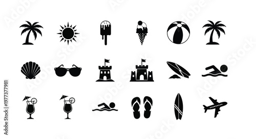 Tropical summer icons depicting vacation elements in black silhouette