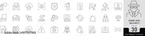 Crime and security line icon set featuring handcuffs, shield, burglar, police car, CCTV camera, fingerprint, lock, jail, alarm, badge, and crime scene. editable stroke vector set.