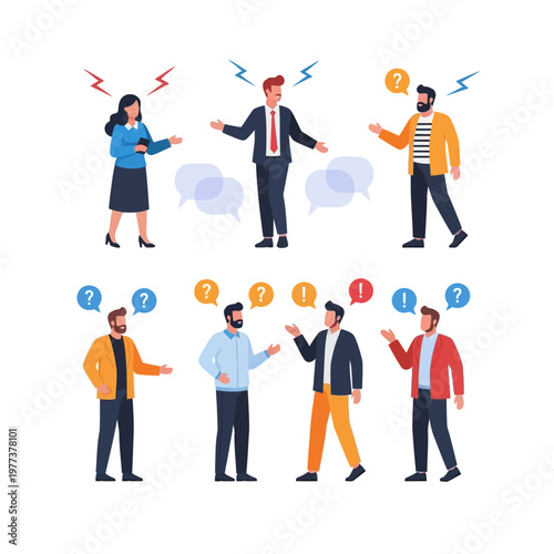 Diverse people arguing and discussing, conflict resolution, communication challenges, vector illustration