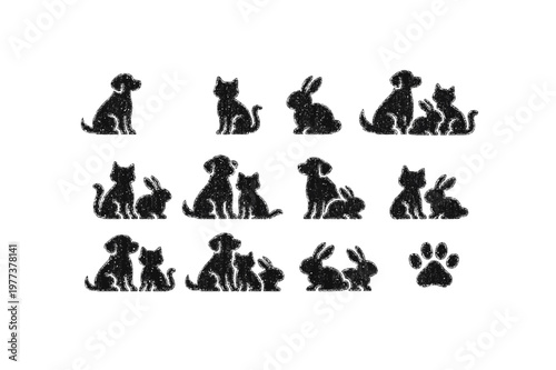 Minimalist Pet Silhouette Icons Set on Dark Background for Graphic Design