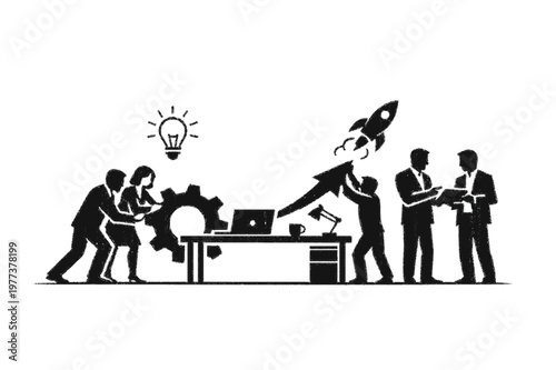 Business Team Collaboration and Startup Growth Concept Silhouette Illustration