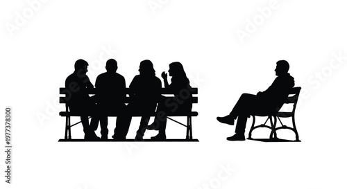 People sitting and conversing on a bench a striking silhouette
