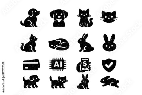 Minimalist White Line Art Icons of Pets and AI Technology on Black
