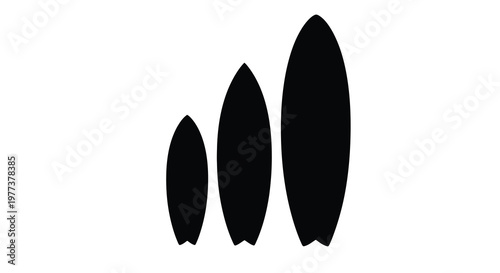 Three surfboards of varying sizes presented as a dark silhouette