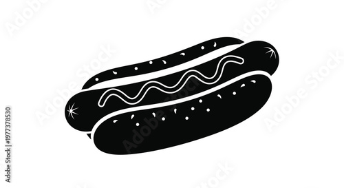 A black silhouette of a hotdog with condiments silhouette