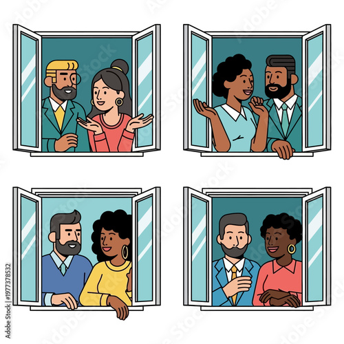 Neighbors communicating through open windows, diverse people chatting and sharing news