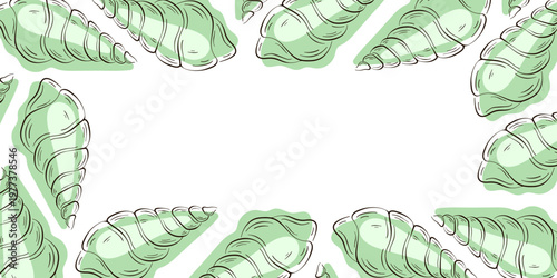 Undersea shell border frame in flat style. Tropical summer underwater design for seafood restaurant isolated on a white background.