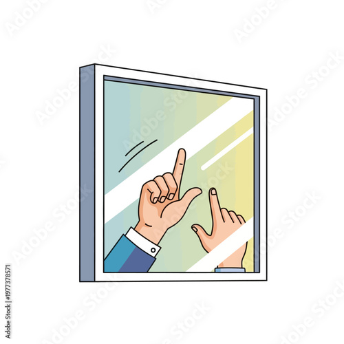 Person's hands touching a reflective surface, digital interface concept