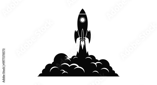 A rocket launching with fiery exhaust depicted as a striking silhouette