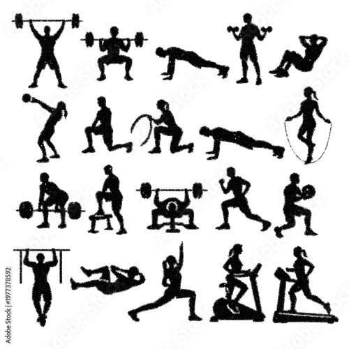 Minimalist White Line Art Icons of Diverse Gym Exercises and Workouts