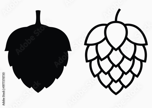 Hop Silhouette Designs: Two distinctive hop silhouettes, one solid and the other outlined, embodying the essence of brewing and the art of beer making.