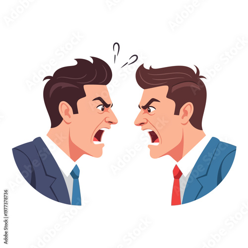 Two angry businessmen arguing, conflict, disagreement, face to face, professional argument