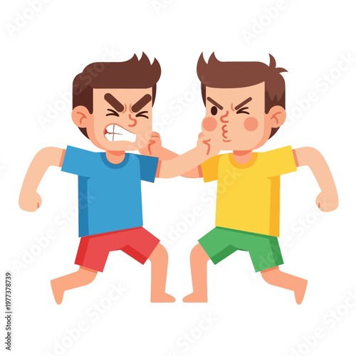 Two angry cartoon boys fighting, one punches the other in the face, conflict, children's quarrel