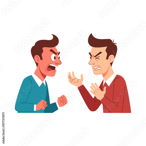 Two men arguing, faces showing anger and frustration, conflict illustration