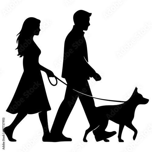 Black vector illustration of woman and man walking her pet dog
