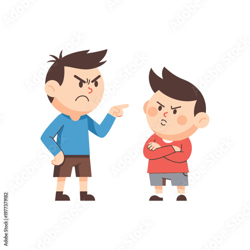 Angry boy pointing finger at upset sibling, conflict, disagreement, childhood quarrel