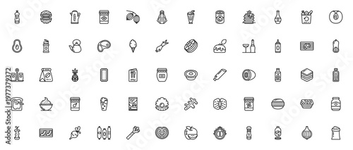 Gastronomy icon set. Food and drink vector collection. Includes symbols for pepper, steak, pancake, avocado, coffee, burger, cocktail and more. Editable stroke.