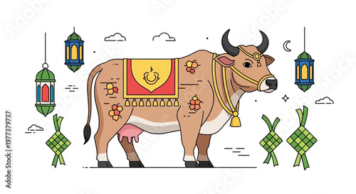 Eid al-Adha festive cow decoration with traditional lanterns and ketupat